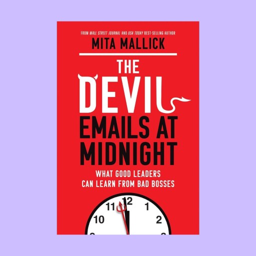 Book cover for "The Devil Emails at Midnight" by Mita Mallick, featuring a bold red background, white and black text, and a partial clock showing midnight—hinting at themes like toxic positivity lurking beneath the surface.