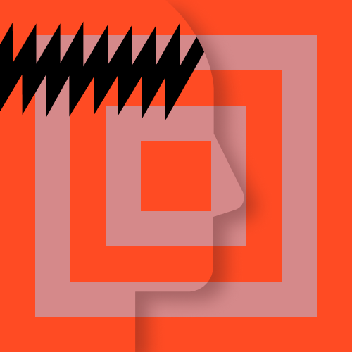 Abstract image with a profile of a human face outlined by layered pink squares on an orange background, with black zigzag shapes in the top left corner.
