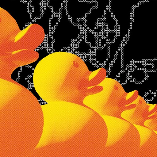 Row of identical yellow rubber ducks in profile, lined up against a black background with abstract white dotted patterns, reminiscent of motifs explored by Susan Schneider.