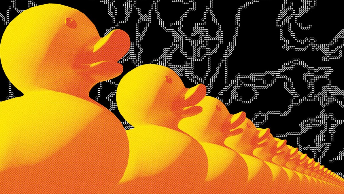 Row of identical yellow rubber ducks in profile, lined up against a black background with abstract white dotted patterns, reminiscent of motifs explored by Susan Schneider.