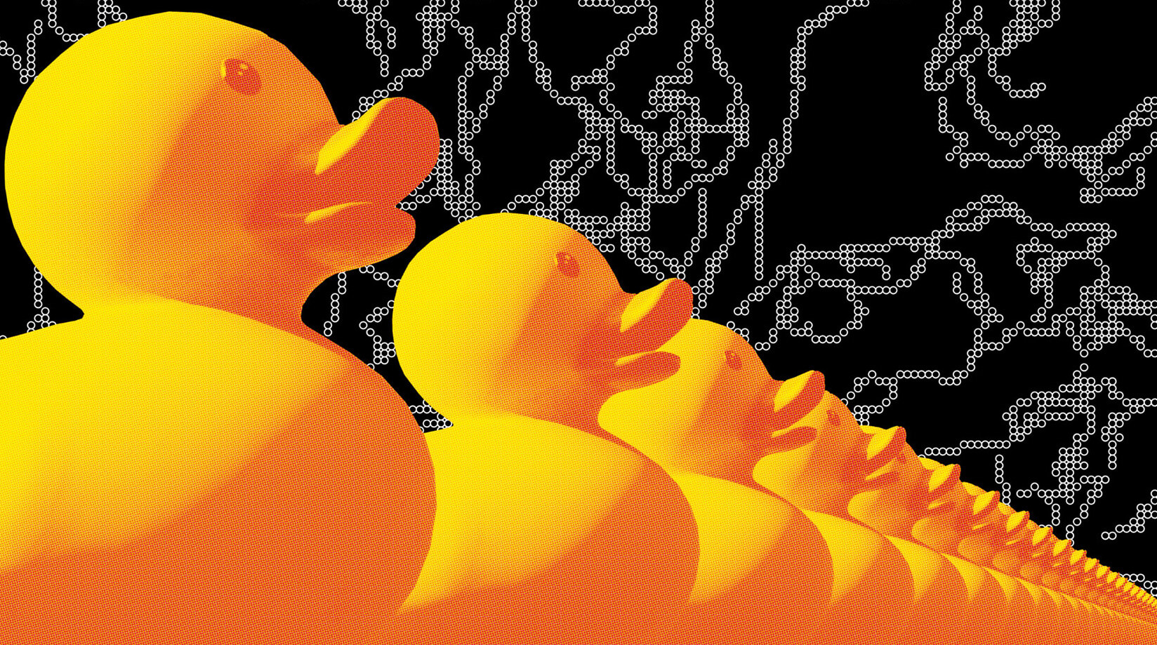 Row of identical yellow rubber ducks in profile, lined up against a black background with abstract white dotted patterns, reminiscent of motifs explored by Susan Schneider.