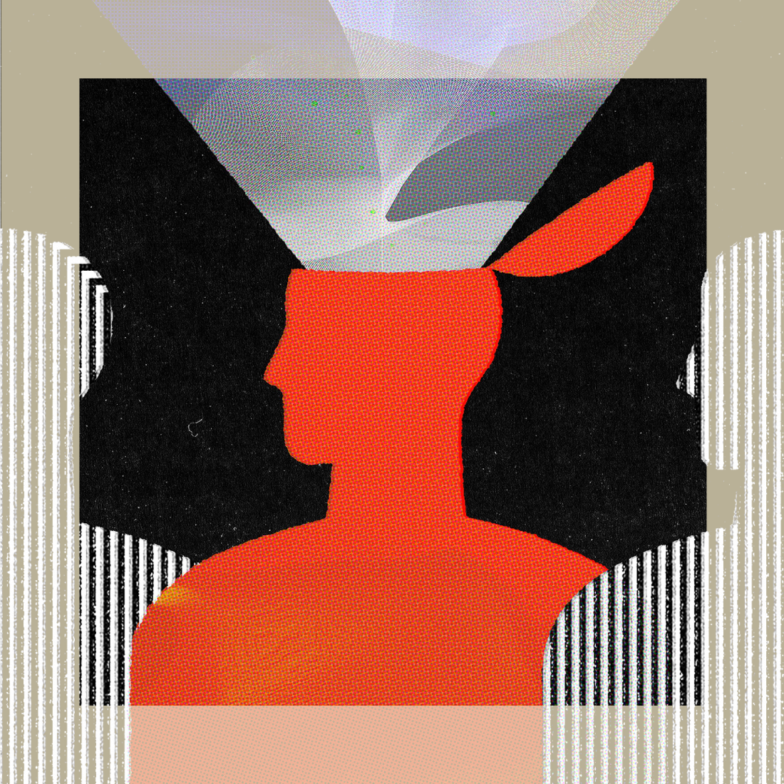 Abstract illustration of a red human silhouette with the top of the head open and white shapes emerging, set against a dark background with vertical stripes.