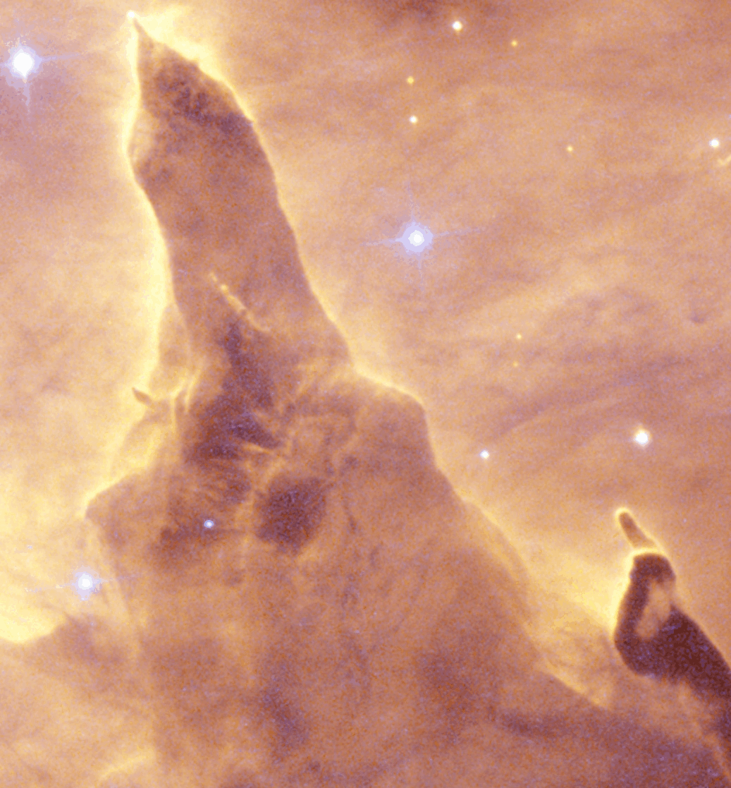 Close-up image of a pillar-shaped cloud of gas and dust in space, with bright stars shining in the background&mdash;captured by both JWST and Hubble near the star cluster Pismis 24.
