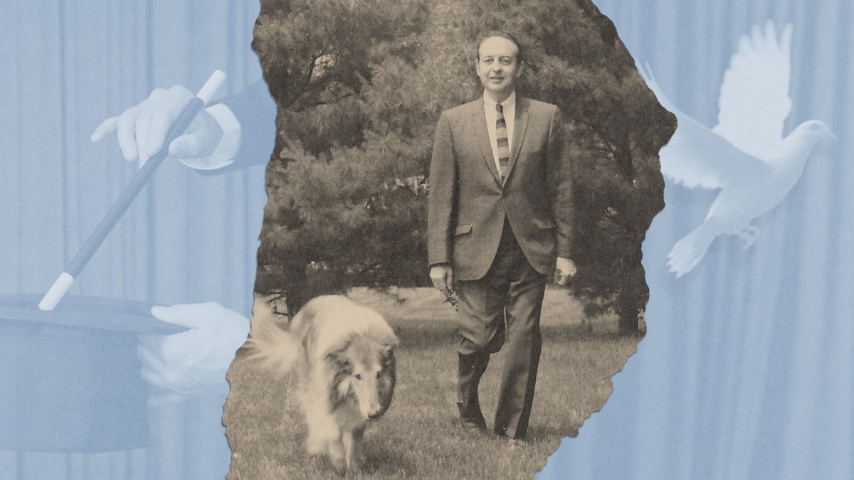 A man in a suit walks on grass beside a long-haired dog, with faded images of a magic wand, a hat, and white doves in the blue-toned background.