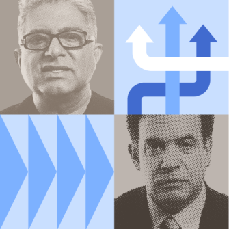 Two grayscale portraits of men are shown in a four-panel grid, alongside blue and white arrow graphics and blue diagonal shapes.