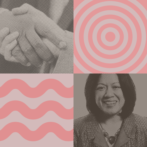 A four-panel image featuring two abstract pink patterns, a close-up of two hands clasped, and a smiling woman in grayscale.
