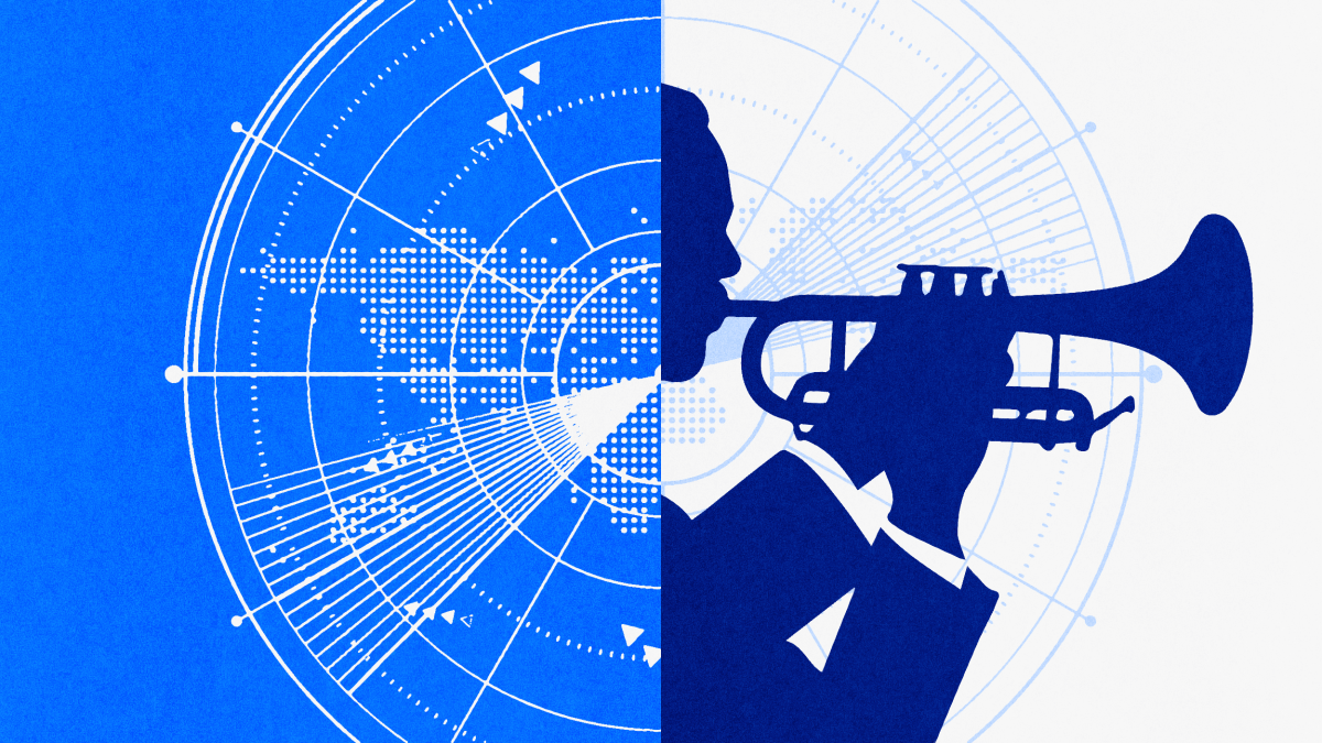 A silhouette of a person playing the trumpet symbolizes jazzy leadership, overlaid on a blue and white world map with radiating lines and data points.