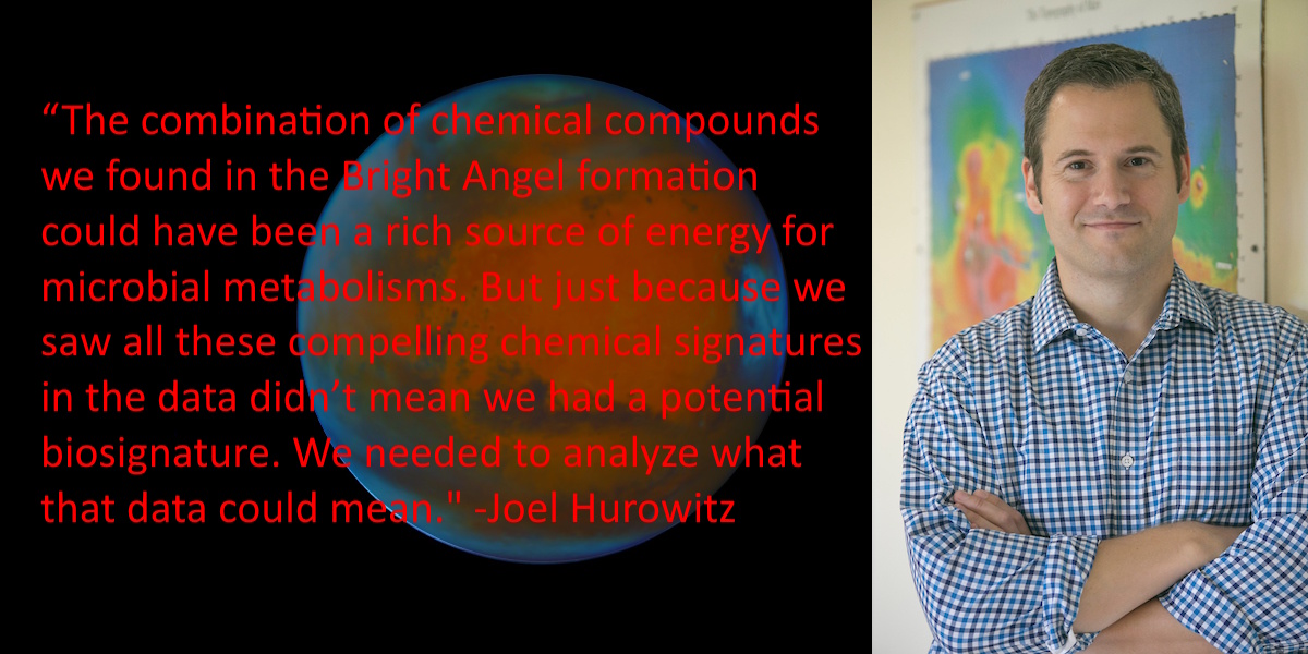 A man stands smiling beside a colorful geological map. Overlaid text features a quote from Joel Hurowitz about analyzing chemical compounds and searching for organics in the Bright Angel formation for potential Mars life biosignatures.