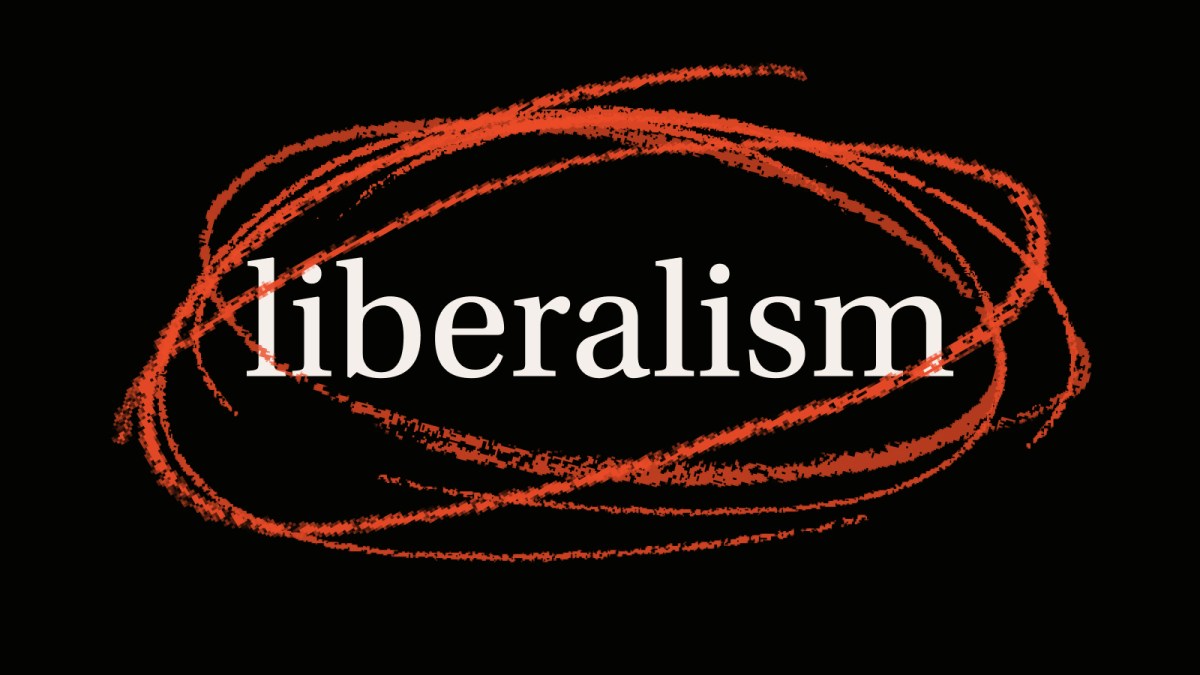 The word "liberalism" in white lowercase text is centered on a black background, surrounded by rough red circles drawn with a crayon effect, visually emphasizing the ongoing discourse on liberalism.