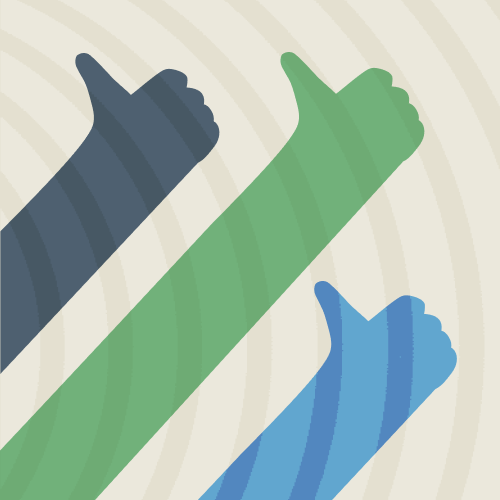 Three hands with thumbs up, in dark blue, green, and light blue, are angled diagonally upward against a light background with faint curved lines.