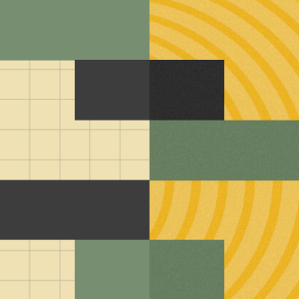 A geometric pattern with green, black, and cream rectangles, cream grid lines, and yellow arcs on a textured background.