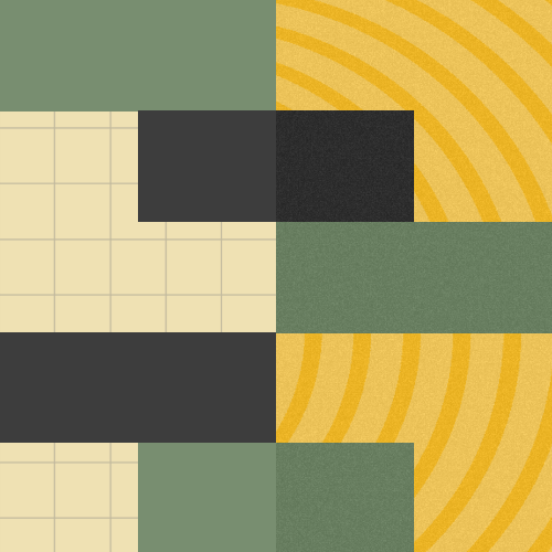 A geometric pattern with green, black, and cream rectangles, cream grid lines, and yellow arcs on a textured background.