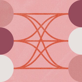 Geometric abstract art with overlapping red curved lines on a pink background, bordered by semi-circles in burgundy and white at the edges.