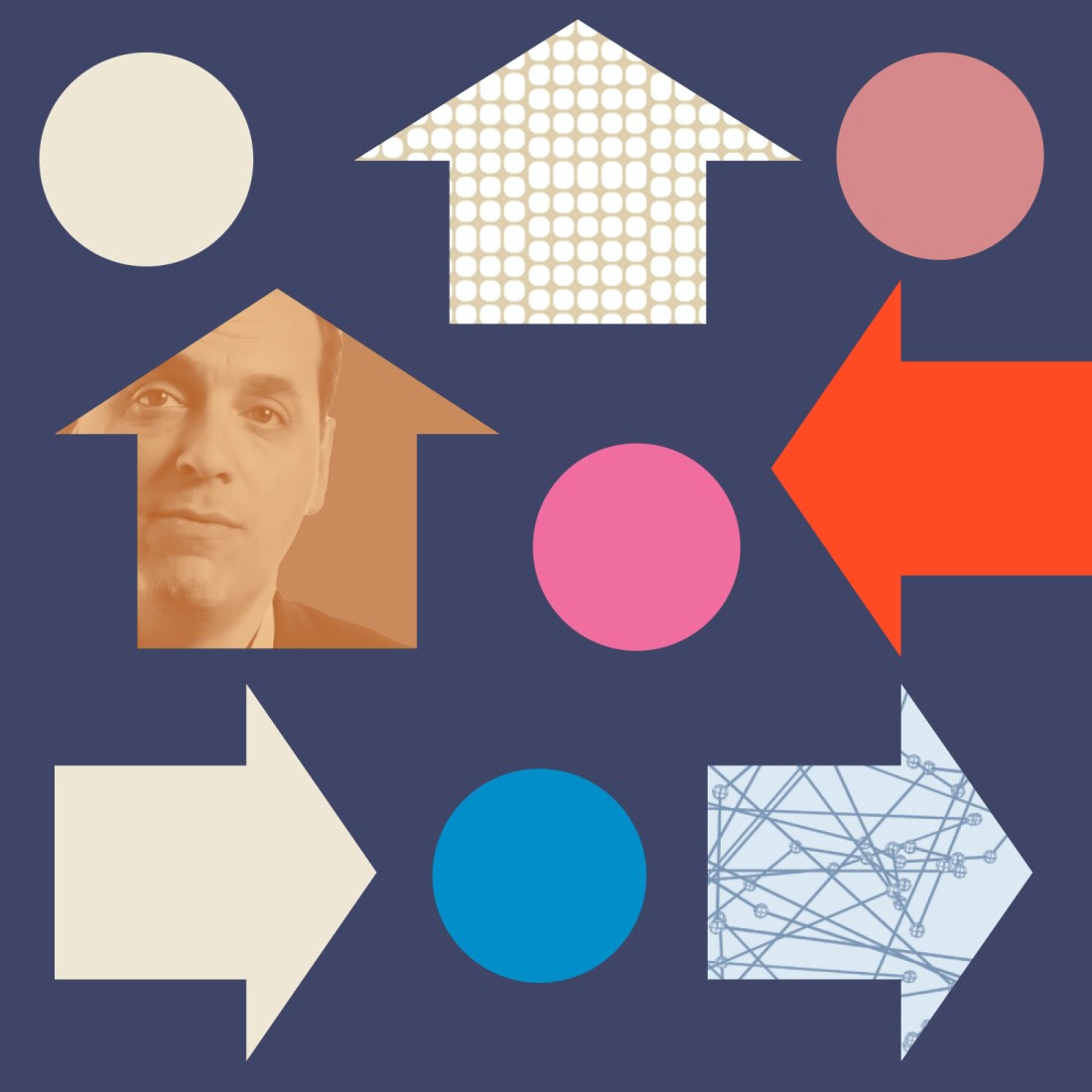 Geometric shapes including circles and arrows in various colors and patterns, with a sepia-toned man's face inside an upward arrow, on a dark blue background.