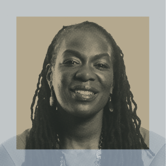 A person with long, braided hair is smiling. The portrait has a halftone effect with a beige background and a light blue overlay at the top and bottom.