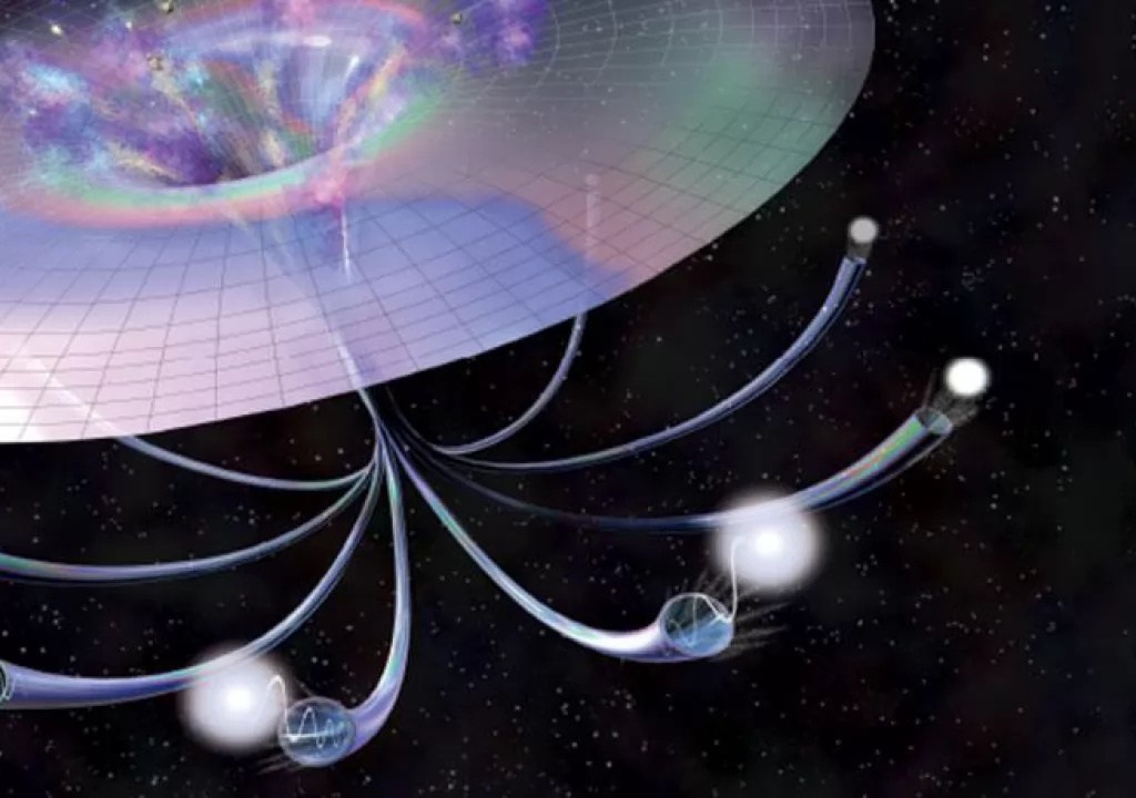 Artistic illustration depicting one of the biggest mysteries of the origin of the universe, showing entangled particles connected by curved paths in space, inspired by concepts from quantum physics and wormholes.
