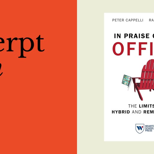 Book cover for "In Praise of the Office: The Limits to Hybrid and Remote Work" featuring a red chair with a laptop, highlighting how meaningful work flourishes, next to "an excerpt from" on an orange background.
