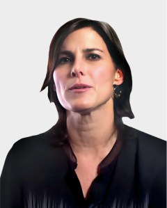 A woman with short dark hair and light skin wears a black top and small hoop earrings, looking slightly upwards against a plain light background.
