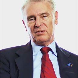 A middle-aged man with short, gray hair in a dark suit, light blue shirt, and red striped tie, facing the camera against a plain white background.