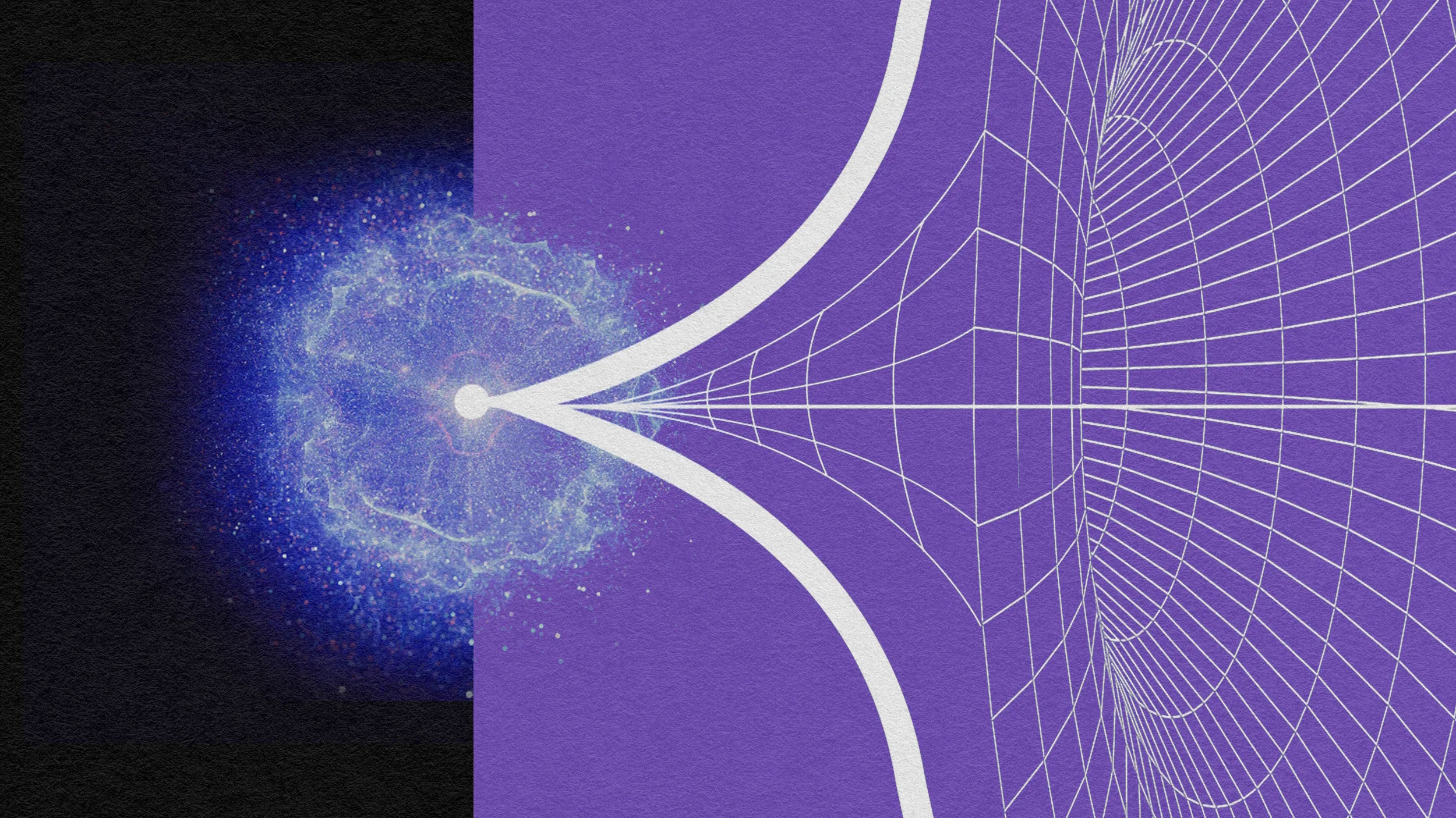 A digital illustration exploring the origin of the universe&mdash;depicting a blue energy burst on the left and a geometric white grid forming a funnel shape on a purple background, evoking one of the biggest mysteries in science.