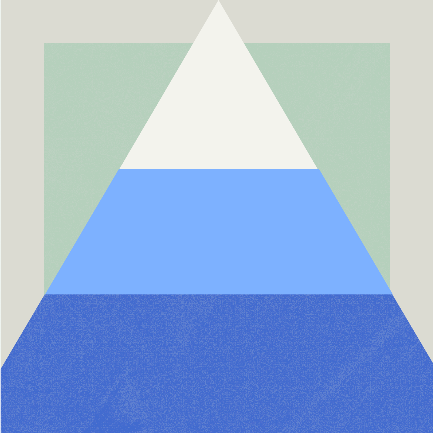 A white triangle overlaid on a pale green square with blue and light blue horizontal sections filling the triangle's lower half, set against a light gray background.