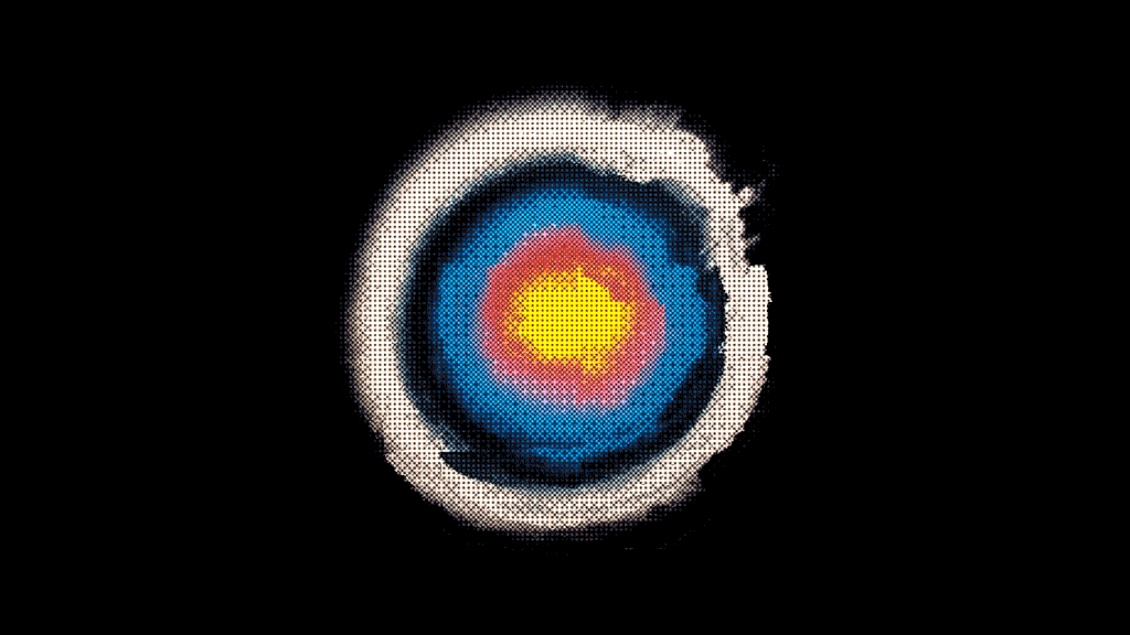 A stylized, circular target with a bright yellow center, surrounded by red, blue, and white concentric rings on a black background.