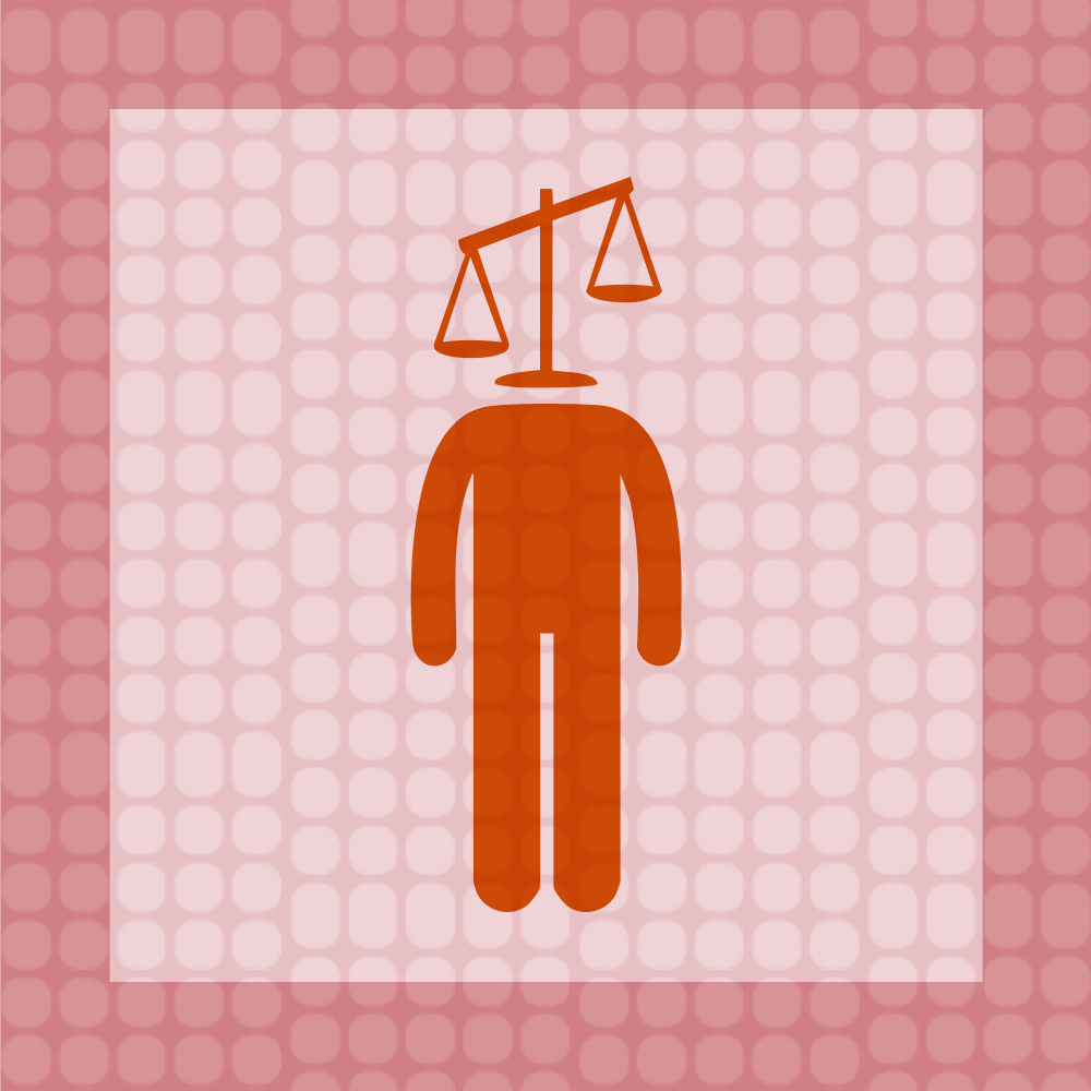 A red silhouette of a person with a balanced scale as a head, centered on a pink, patterned background.