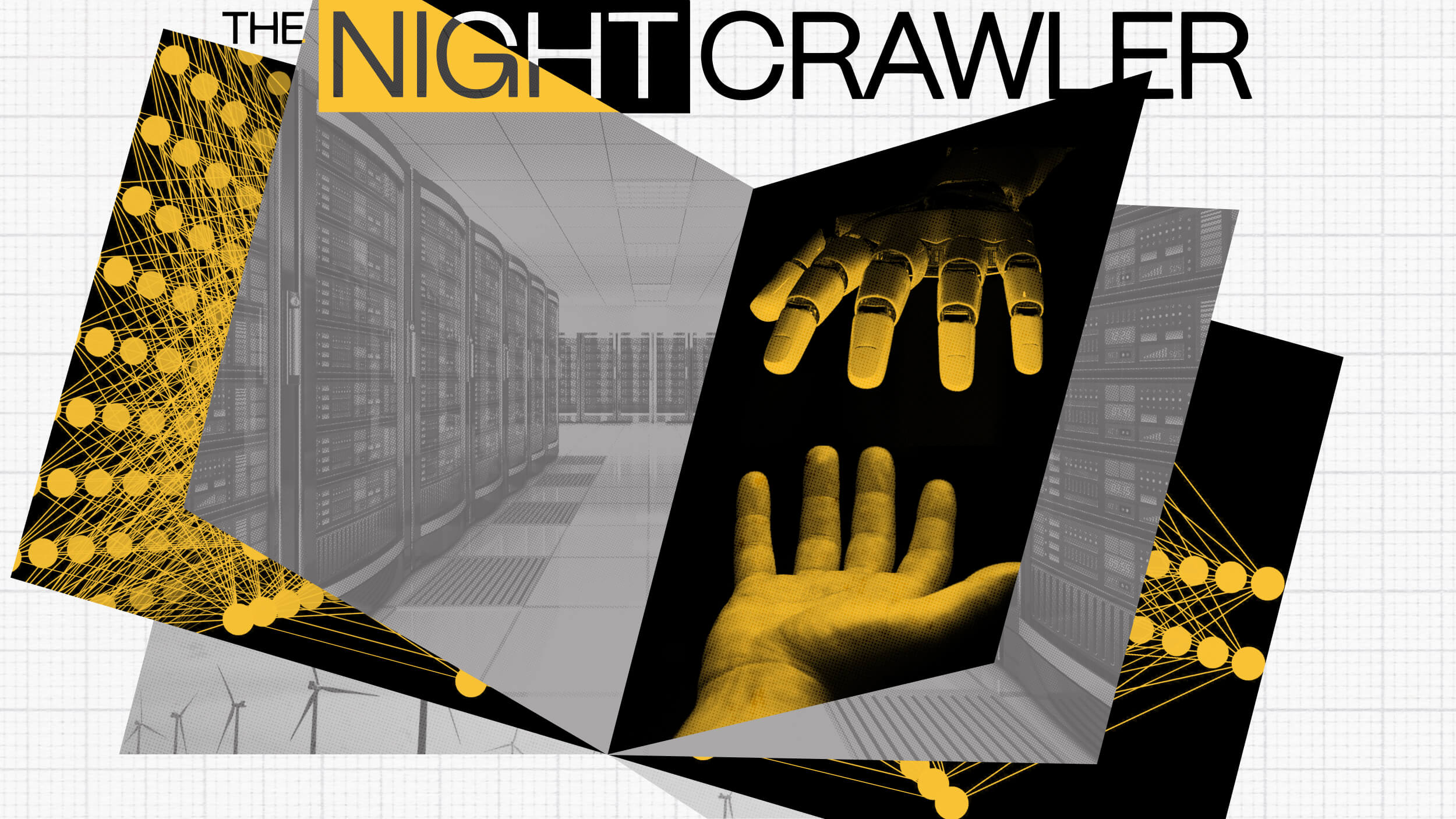 A collage featuring server racks, a robotic hand reaching for a human hand, and network diagrams, with the text “The Night Crawler” at the top—an homage to Eliezer Yudkowsky’s explorations of AI and human connection.