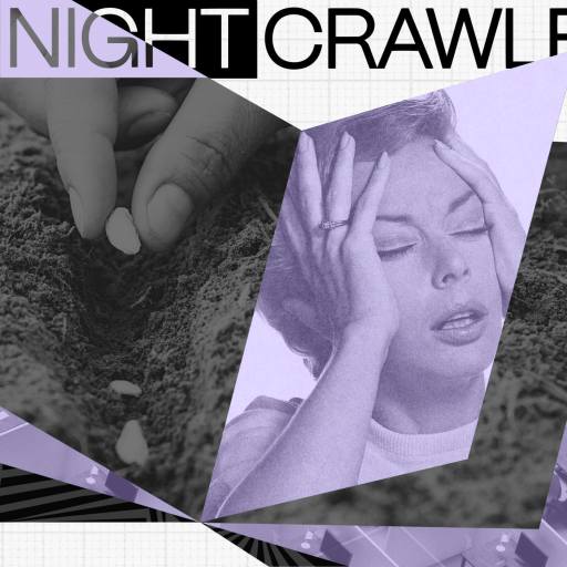 A collage titled "The Nightcrawler," featuring a hand planting a seed, a distressed woman holding her head, and repetitive office cubicles in purple tones, explores trust amid cycles of anxiety and routine.
