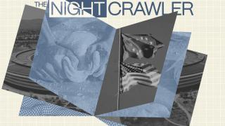 Collage with hands shaping dough, overlapping U.S. flags, circular architectural elements, and "THE NIGHTCRAWLER" at the top—reflecting on the AI divide woven into the fabric of American life.