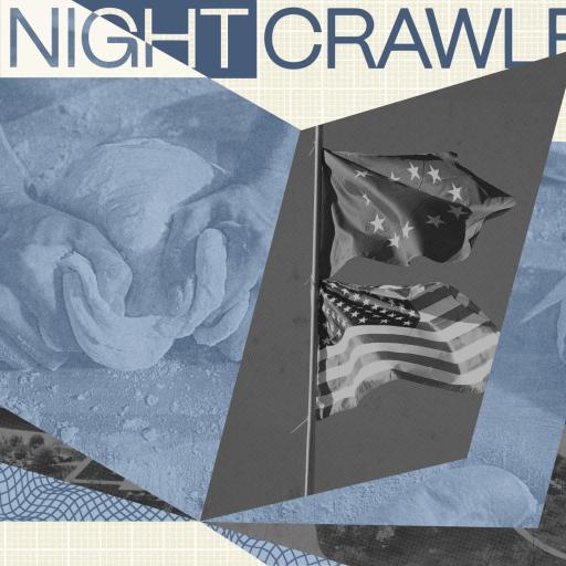 Collage with hands shaping dough, overlapping U.S. flags, circular architectural elements, and "THE NIGHTCRAWLER" at the top—reflecting on the AI divide woven into the fabric of American life.