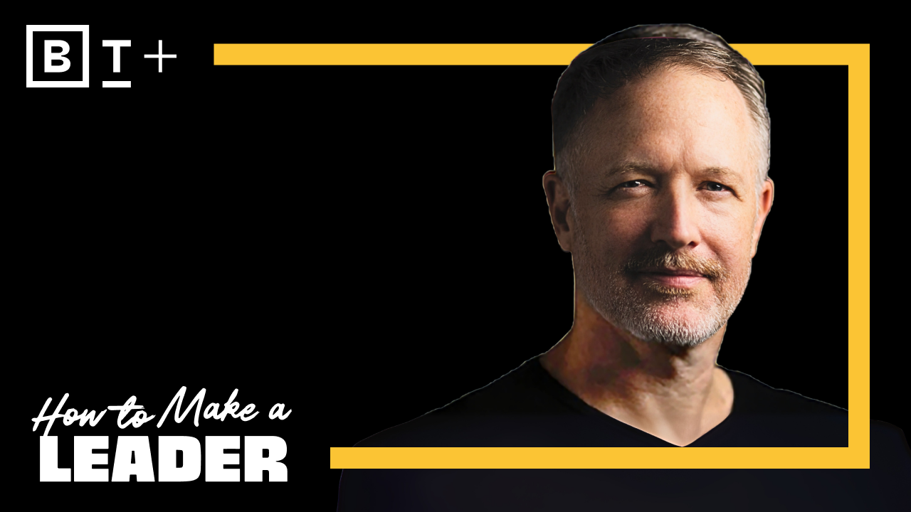 A man with short hair and a beard is shown on a black background with yellow border accents and the text "How to Make a LEADER" in the lower left corner.