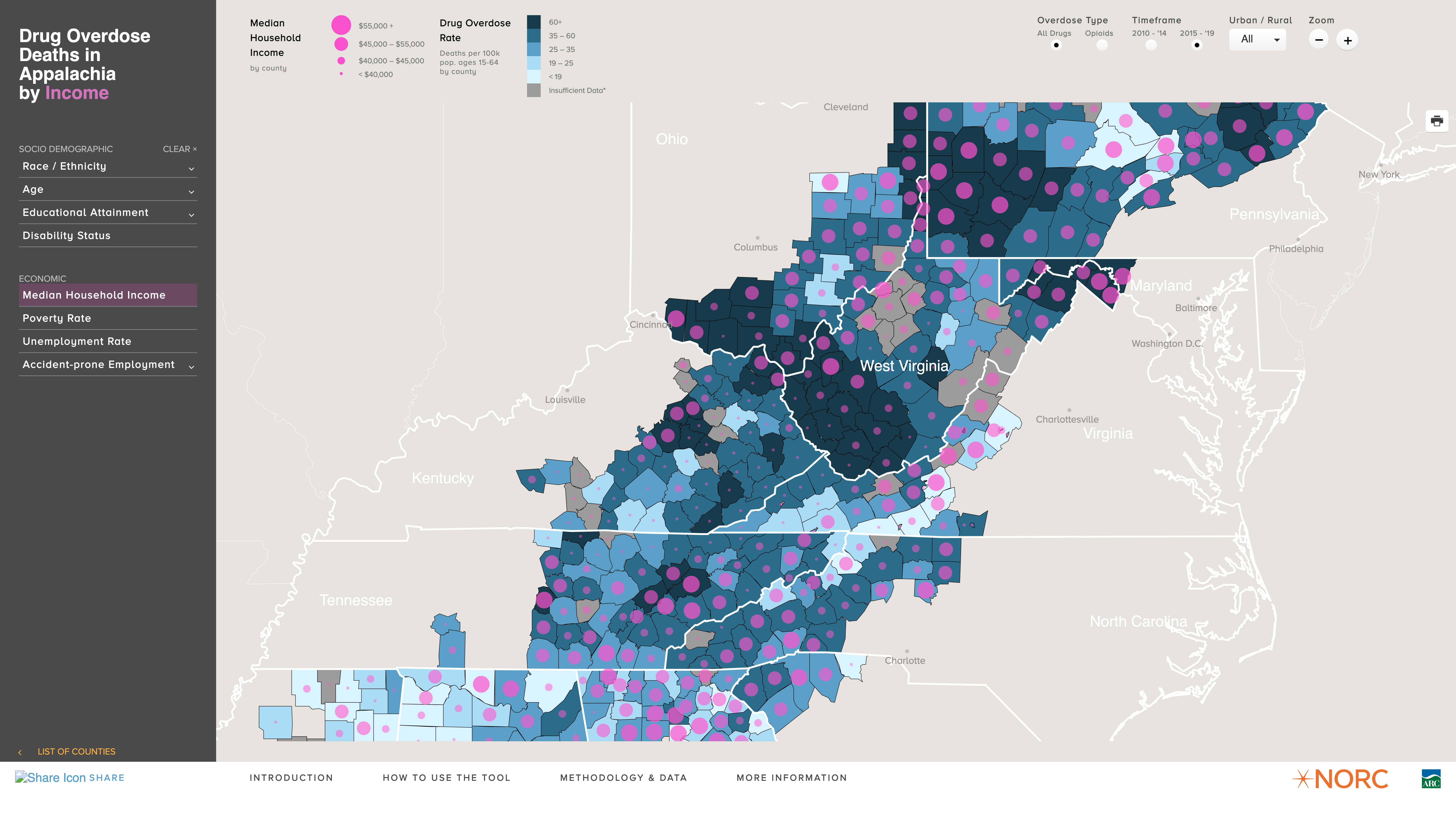 Map of Appalachia showing county-level drug overdose deaths by income; darker colors and larger circles indicate higher overdose death rates and lower median household incomes.
