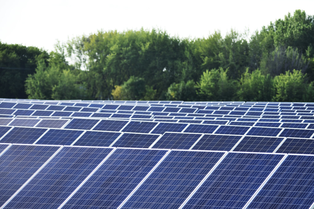 Rows of solar panels are installed outdoors with green trees in the background under a clear sky, highlighting innovation in harnessing solar power at night.