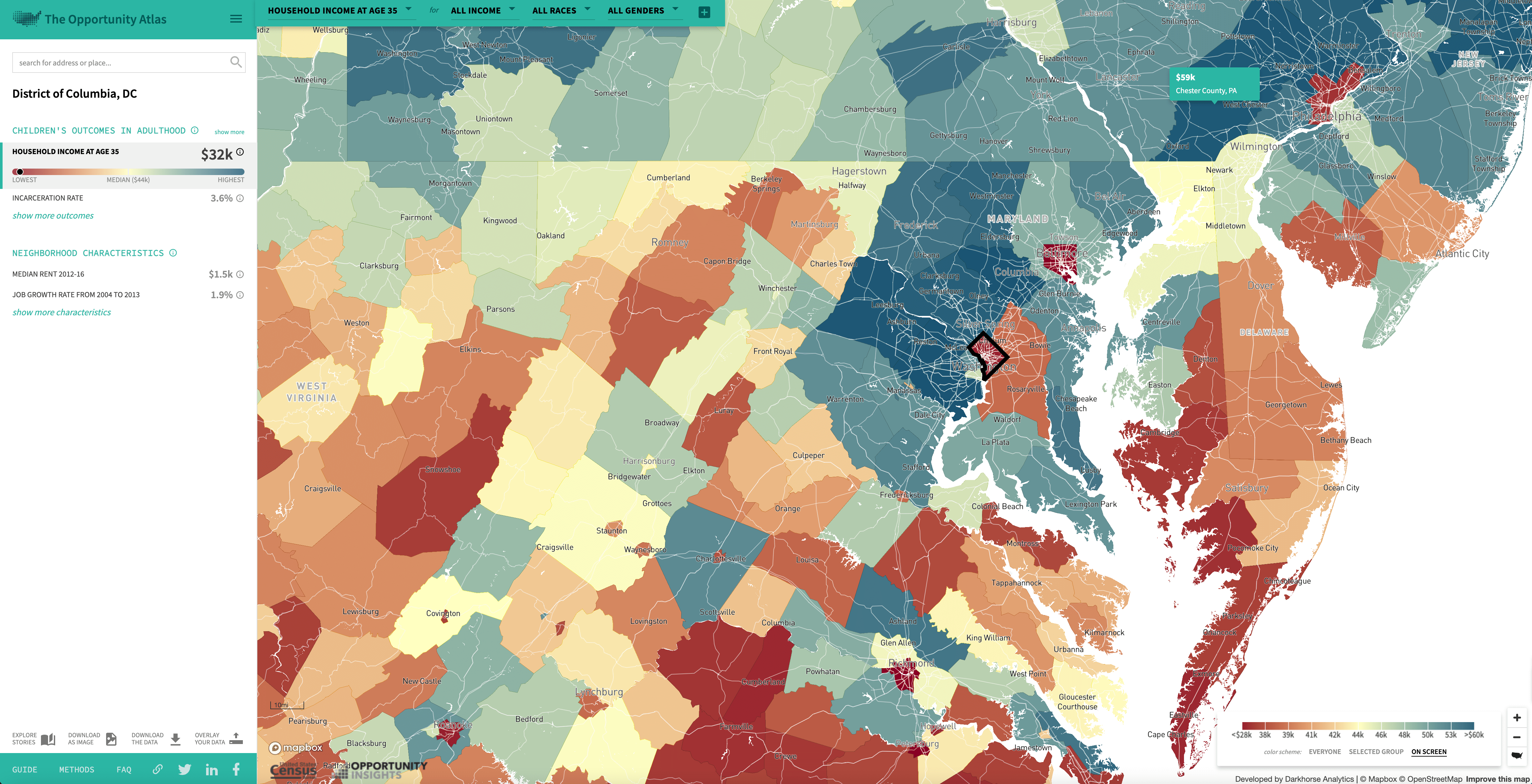 A color-coded map shows median household incomes by area in the mid-Atlantic U.S., focusing on the District of Columbia and surrounding regions.