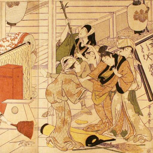 Japanese woodblock print of people sweeping and cleaning a kondo, with straw mats, lanterns, and various objects visible in the background.