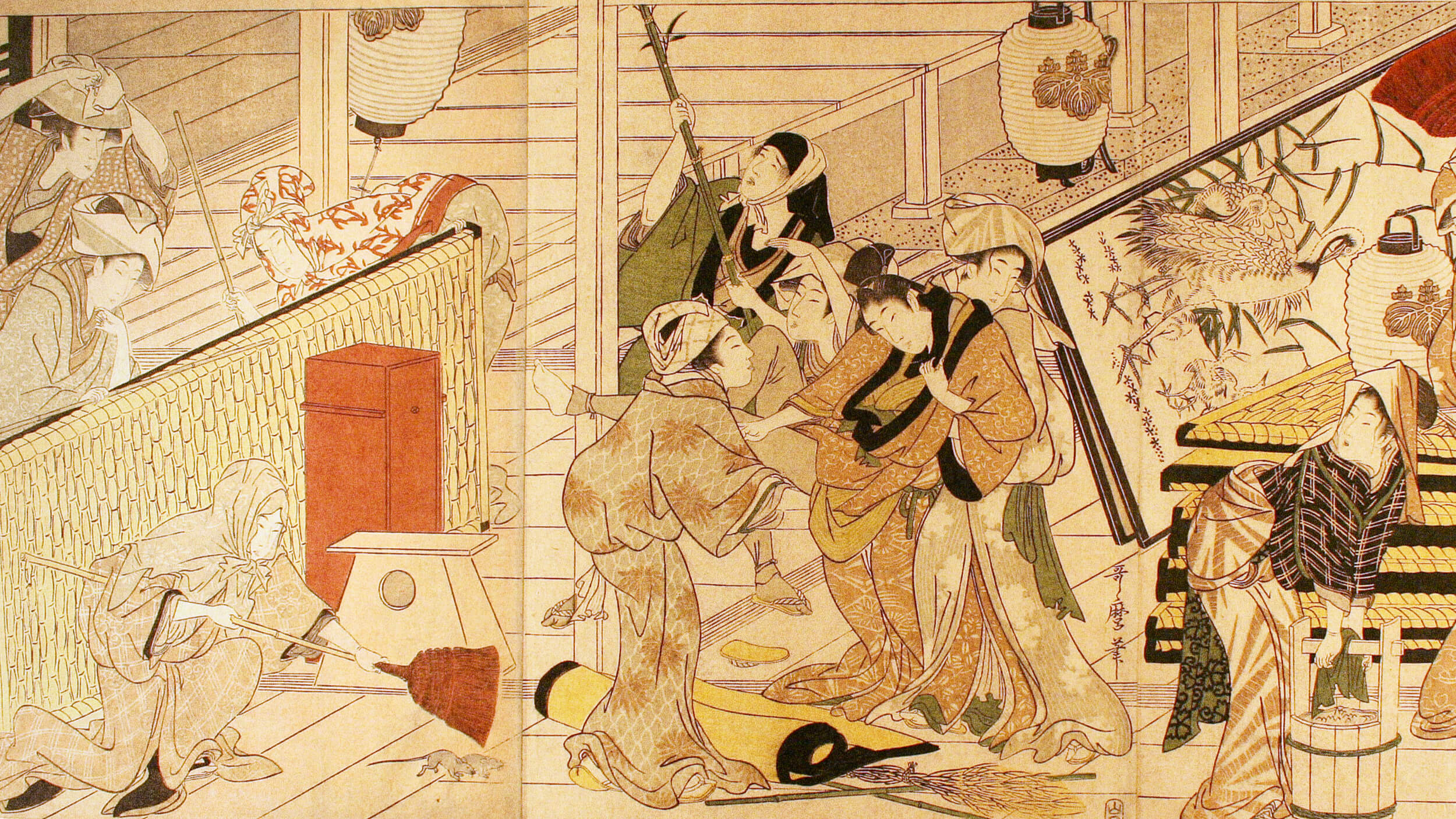 Japanese woodblock print of people sweeping and cleaning a kondo, with straw mats, lanterns, and various objects visible in the background.
