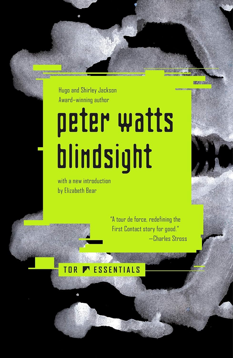 Book cover of "Blindsight" by Peter Watts, featuring a neon green square with black text on a grayscale abstract background. Includes praise from Charles Stross.