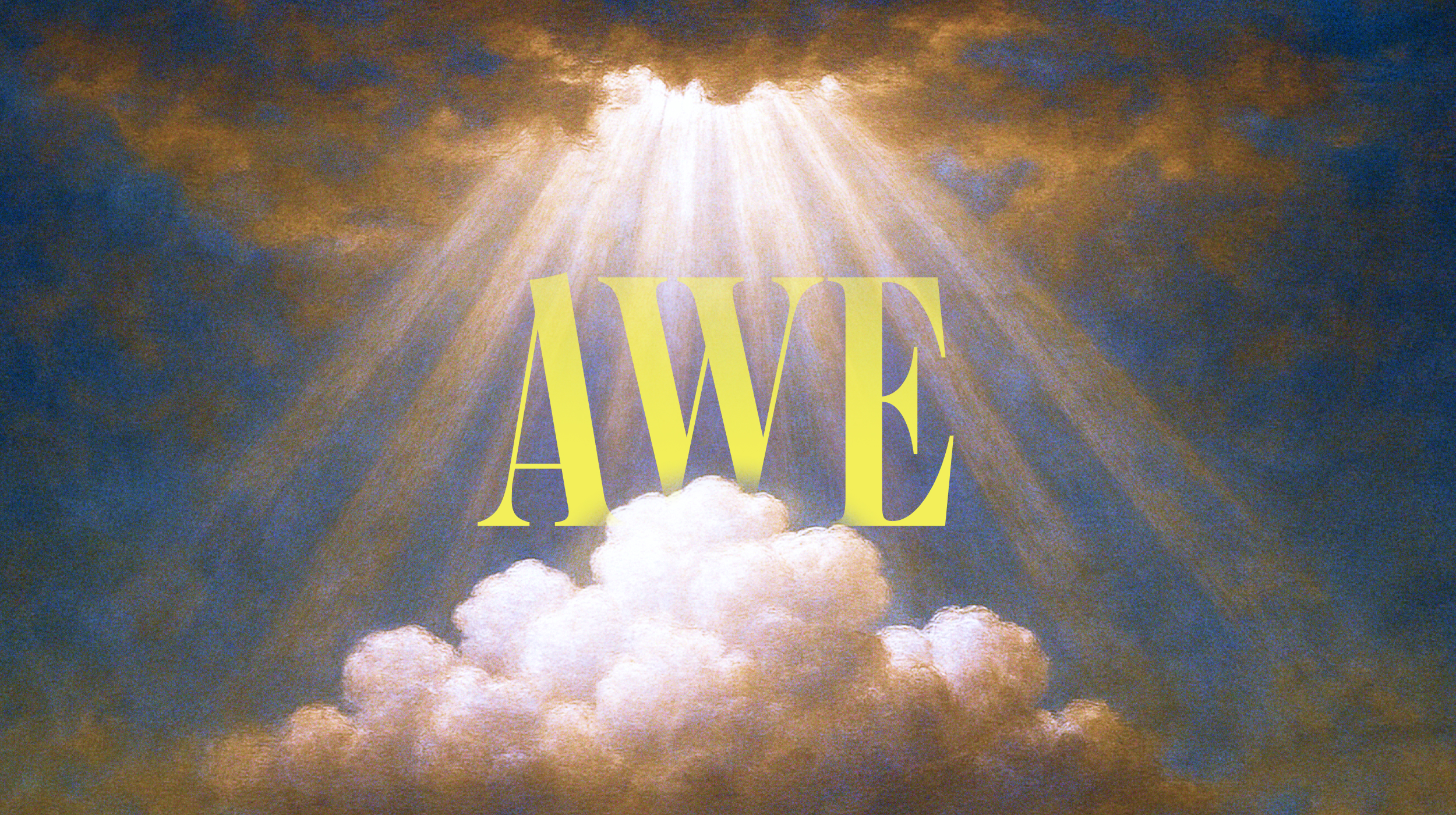 A beam of light shines through clouds in a painted sky, with the word "AWE" in large yellow letters centered in the image.