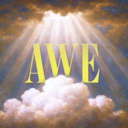 A beam of light shines through clouds in a painted sky, with the word "AWE" in large yellow letters centered in the image.