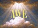 A beam of light shines through clouds in a painted sky, with the word "AWE" in large yellow letters centered in the image.