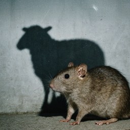 A rat stands on a concrete floor, casting a shadow on the wall that resembles the shape of a sheep.