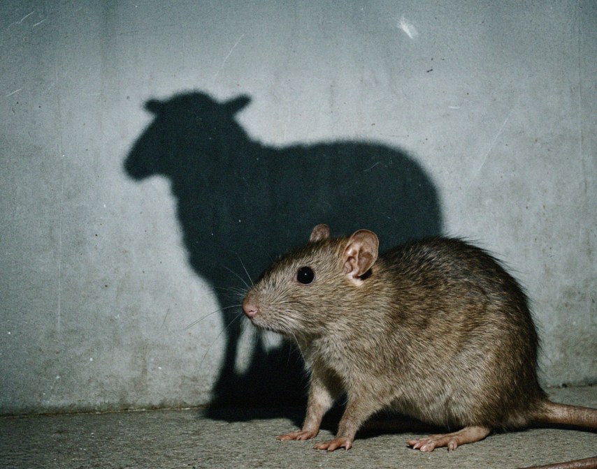 A rat stands on a concrete floor, casting a shadow on the wall that resembles the shape of a sheep.