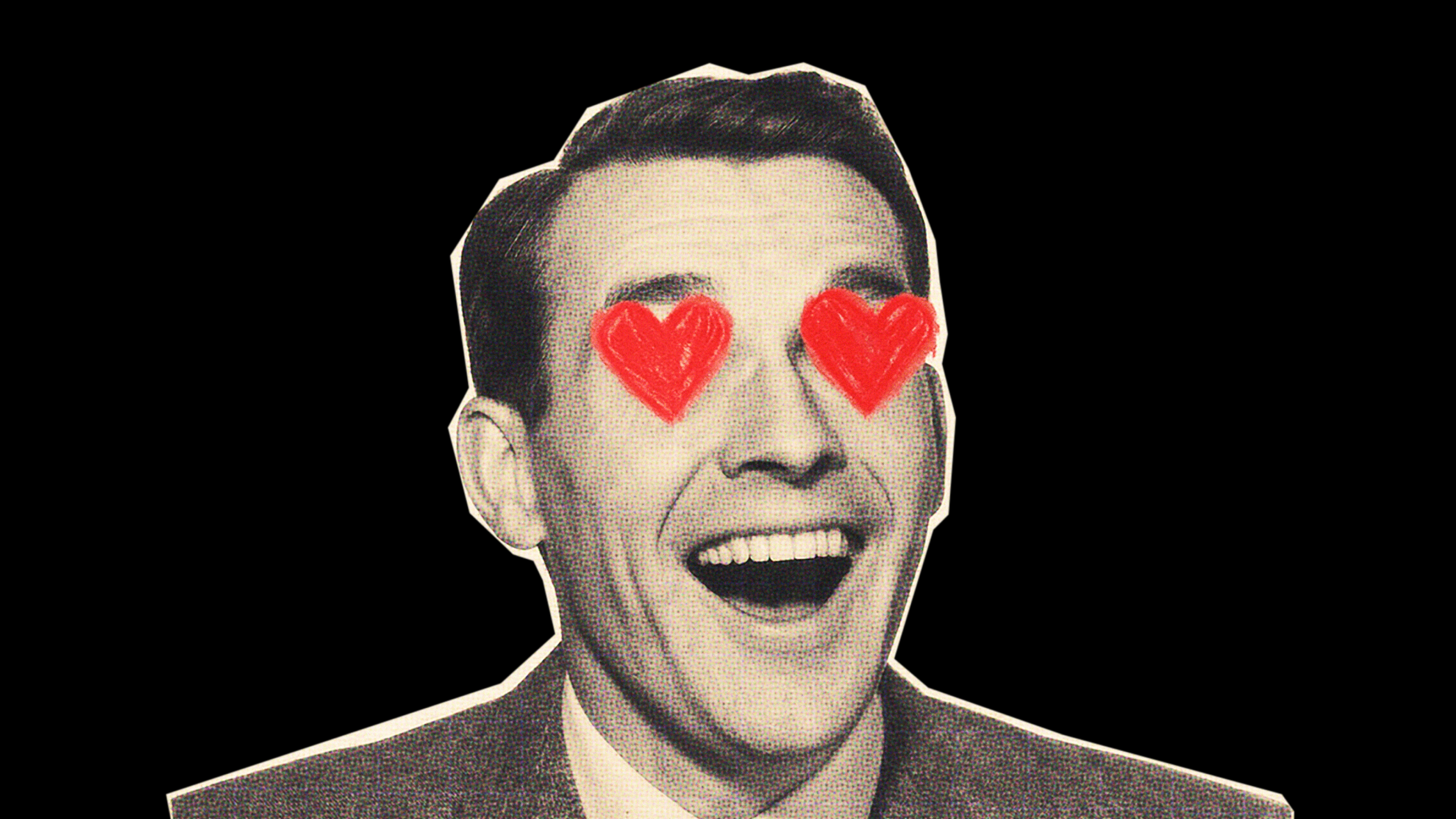 Black and white cutout of a smiling man's face with red heart shapes drawn over his eyes on a black background.