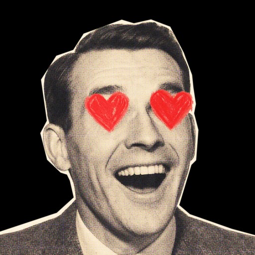 Black and white cutout of a smiling man's face with red heart shapes drawn over his eyes on a black background.