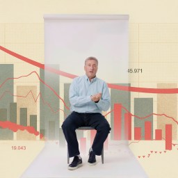A man sits on a stool in front of a backdrop displaying a declining graph with bar charts and red trend lines, suggesting a downward trend in data.