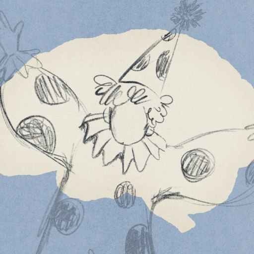 A pencil sketch of a clown with raised arms, wearing a pointed hat and a polka-dot costume, on a blue and off-white background.