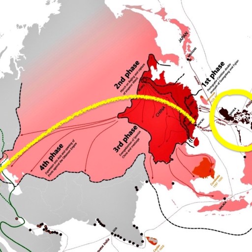A color-coded map of Asia shows four migration phases from China, with arrows pointing toward Papua New Guinea and the Andaman Islands, both circled in yellow.