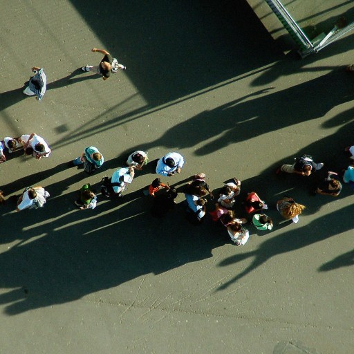 Aerial view of two groups of people waiting in line and walking on a paved surface, casting long shadows in the sunlight.