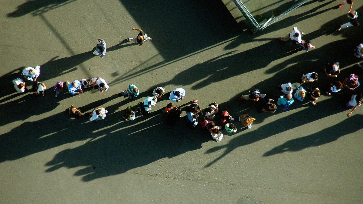 Aerial view of two groups of people waiting in line and walking on a paved surface, casting long shadows in the sunlight.